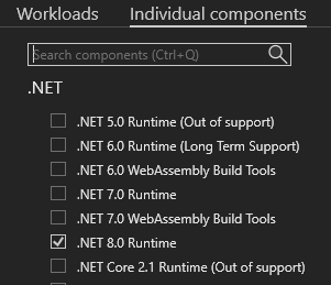 Individual components showing “.NET 8.0 Runtime” checked