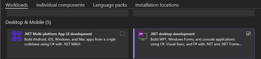 Workloads showing “.NET desktop environment” checked