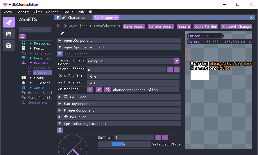 The Hello Murder Architect window showing the Agent Sprite component. A white square is shown with an error message.