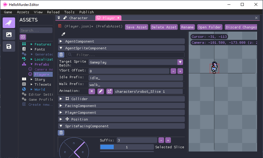 The Hello Murder Architect window showing the Agent Sprite component with the robot graphic.