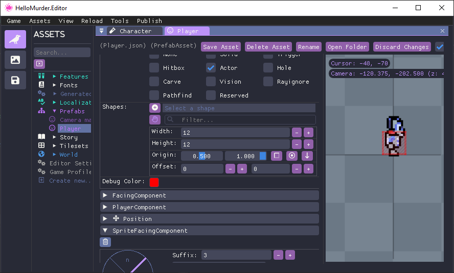 The Hello Murder Architect window showing the Collider component.