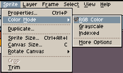 Aseprite menus showing that Color Mode is set to RGB Color