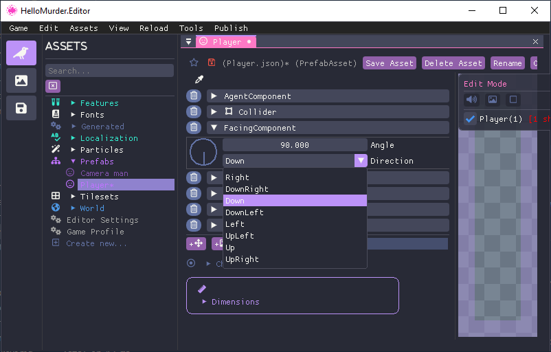 Facing Component - Shows the direction dropdown set to “Down”