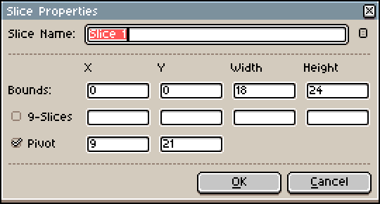 Slice Properties dialog in Aseprite