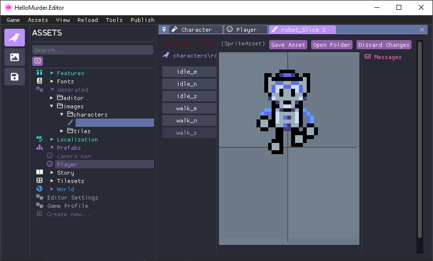 The Hello Murder Architect window showing the SpriteAsset editor.