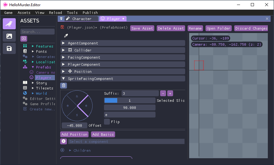 The Sprite Facing component in Auto 4 Directions mode.