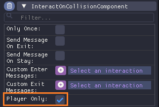 Interact On Collision component settings