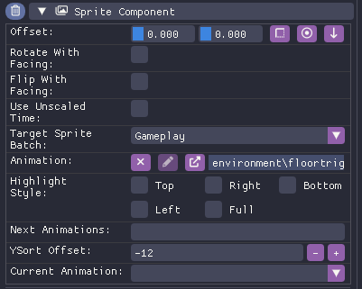 Sprite component settings