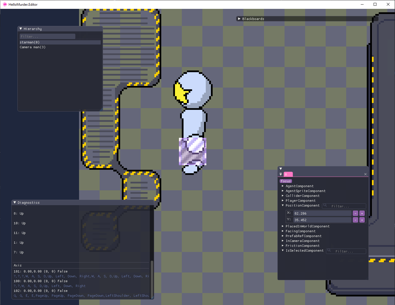 Screenshot depicting the game and the debugging tools for the game. The 'Starman' character is selected, and the Position component is rolled out so that those values can be seen.