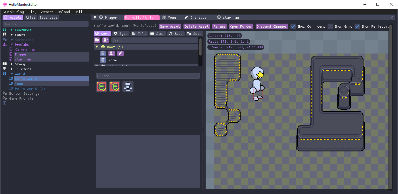 Screenshot of HelloMurder.Editor showing the WorldAsset Editor