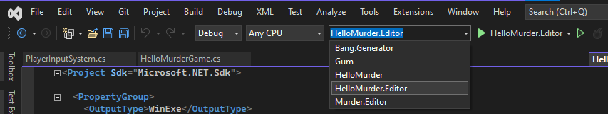 Screenshot depicting the selection of the 'HelloMurder.Editor' project in Visual Studio 2022 Community.