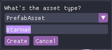 Screenshot of the Create New Prefab dialog, showing the new prefab name as 'starman'