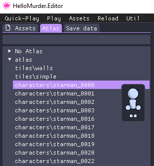 Image of the HelloMurder.Editor showing the Atlas tab with the starman assets visible.