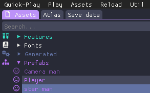 Screenshot of the Assets tab, showing the new 'starman' prefab under the Prefabs heading