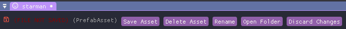 Screenshot of the action bar for the Prefab Asset editor, showing (FILE NOT SAVED)